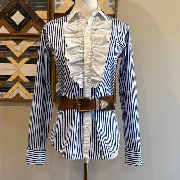 Ralph Lauren Blue Label Tops - Ralph Lauren Vintage Blue and White Striped Button Up Ruffle Blouse size 4